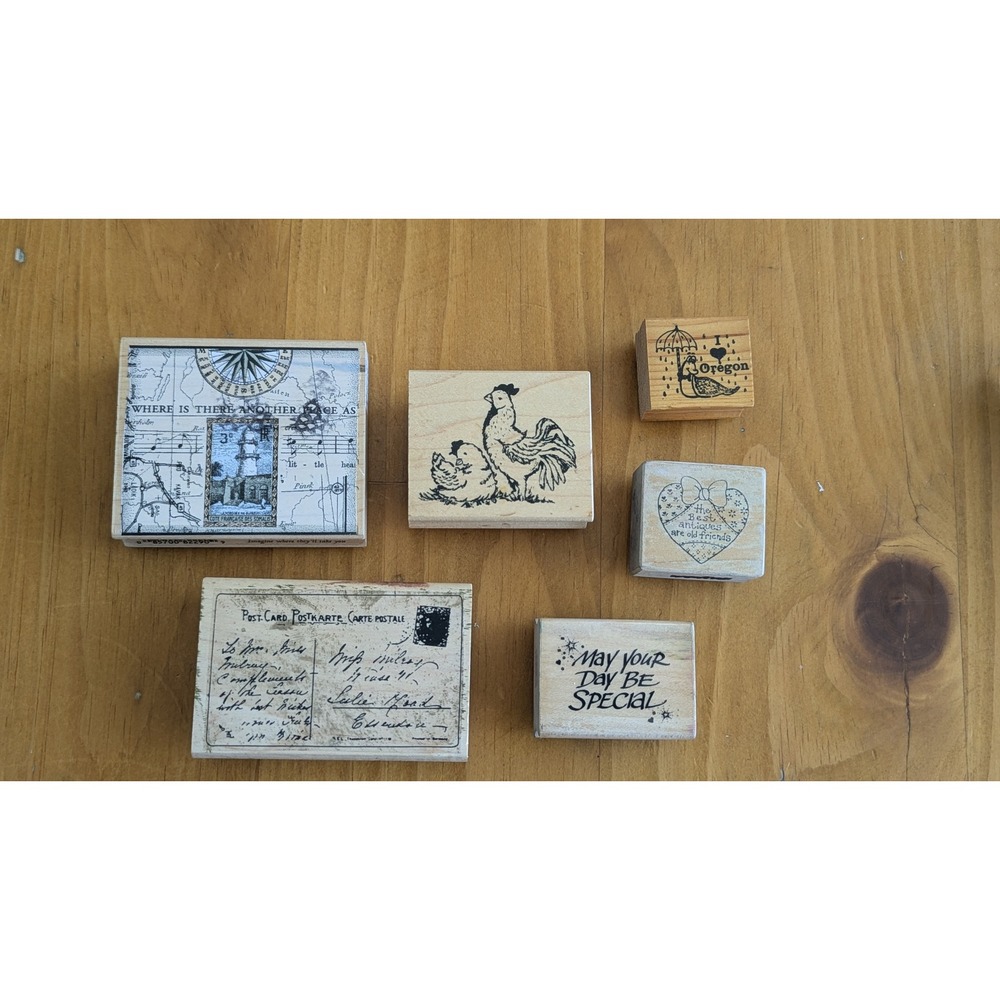 6pc Vintage Wood Rubber‎ Stamps Lot Hero Arts Artprints Postcard Rooster Oregon